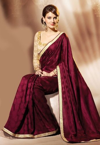 Jaquard Sarees-Wine Coloured Jacquard Satin Saree 5